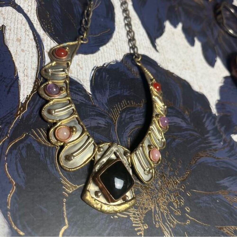 Vintage Bohemian & Tribal Egyptian Mixed Metal Onyx Agate Gemstone Choker
